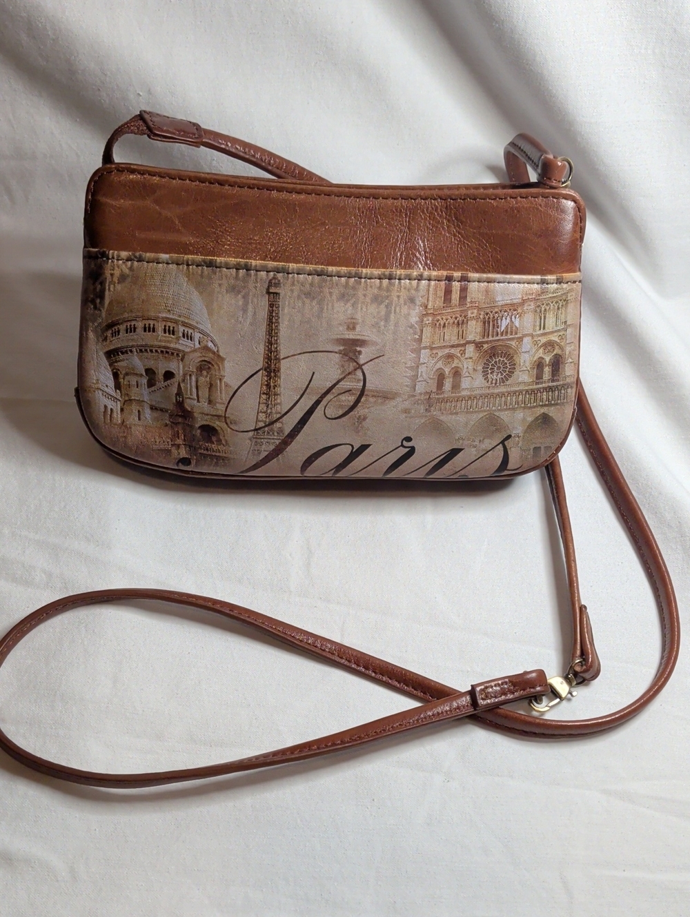 Icon Paris Print Brown Leather Crossbody Purse